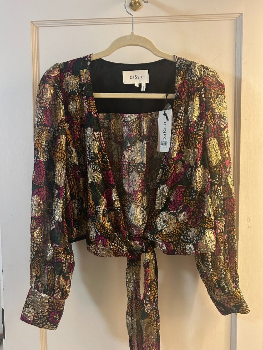 BA&SH Leia Printed Cropped Wrap Top - black and gold multi-color - Medium
